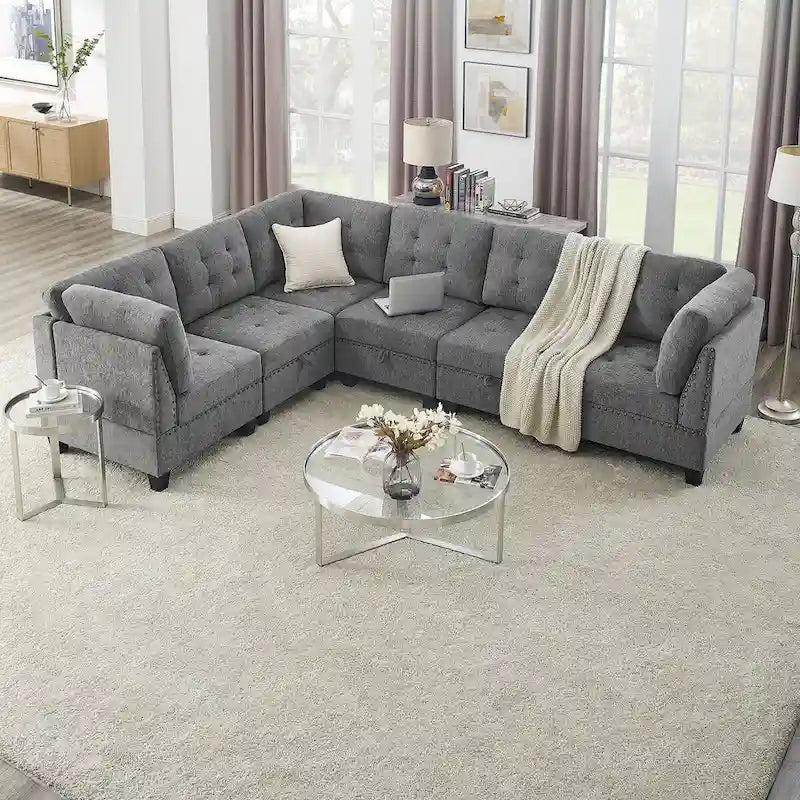 Canapé modulable d'angle 6 places en chenille grise