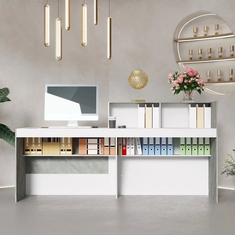 Comptoir de réception blanc avec surface informatique et 4 étagères