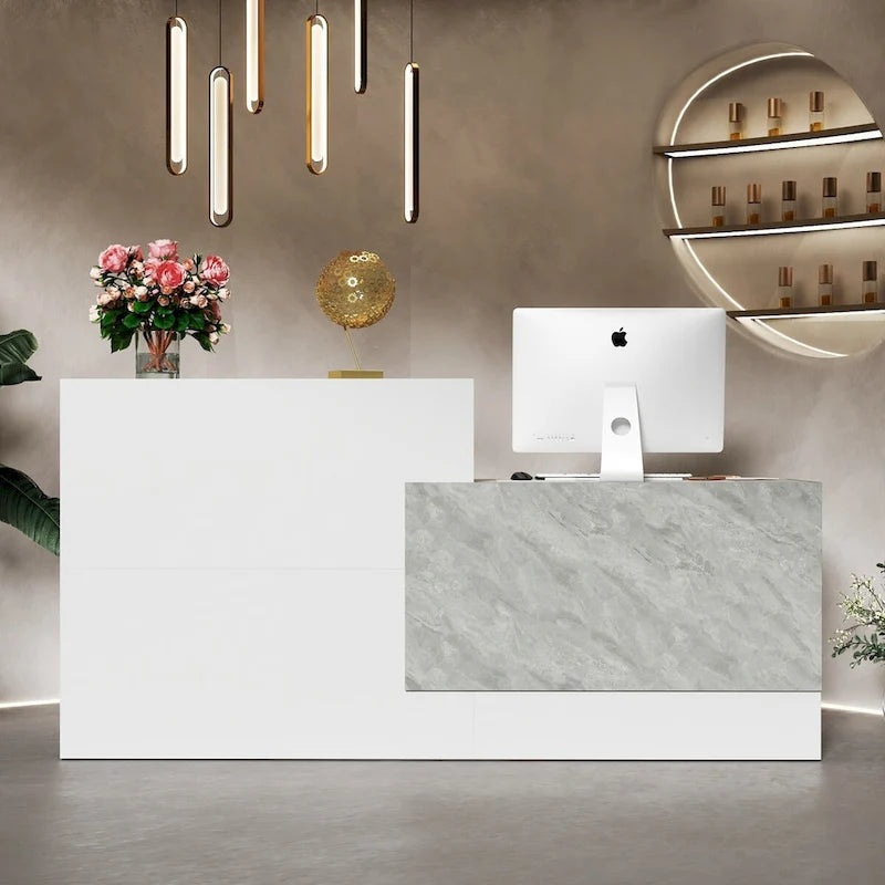 Comptoir de réception blanc avec surface informatique et 4 étagères