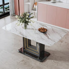 Dining table. White imitation marble pattern desktop. Black MDF table legs with gold lines and black base