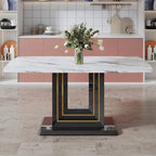 Table de salle à manger. Plateau effet marbre blanc. Pieds de table en MDF noir avec lignes dorées et base noire.