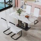 Table de salle à manger. Plateau effet marbre blanc. Pieds de table en MDF noir avec lignes dorées et base noire.