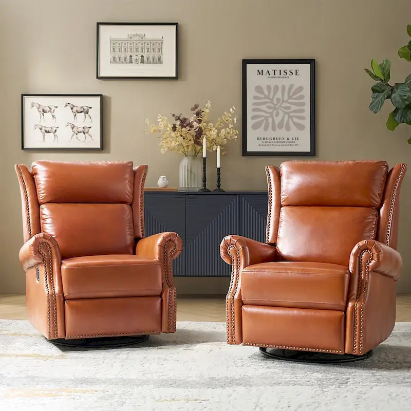 Ensemble de 2 fauteuils inclinables pivotants manuels en cuir véritable traditionnel Viviana par HULALA HOME